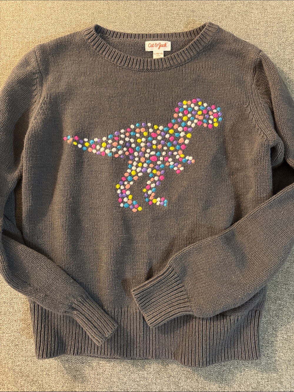 5/$15- Cat & Jack Gray Crewneck Sweater with Colorful Pom-Pom Dino